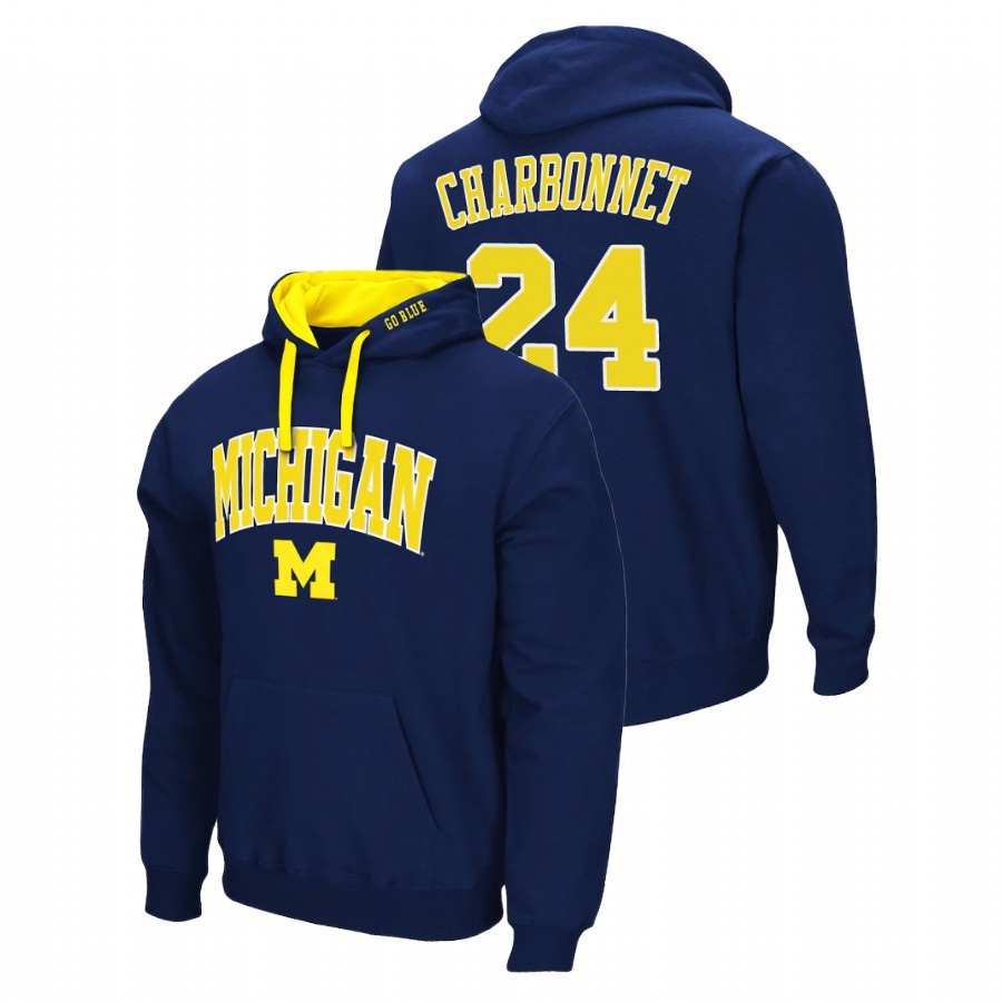 Michigan Wolverines Men's NCAA Zach Charbonnet #24 Navy Arch & Logo 2.0 Pullover College Football Hoodie BTS3849CH